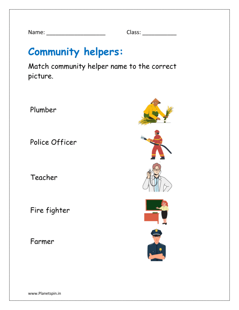 Match community helpers name to the correct picture in the kindergarten worksheet.