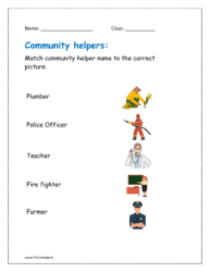 Match community helpers name to the correct picture in the kindergarten worksheet.