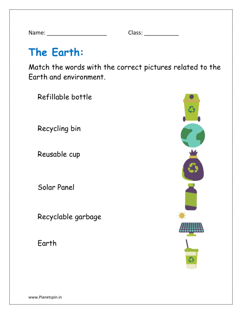 Match the words with the correct pictures related to the Earth and environment.