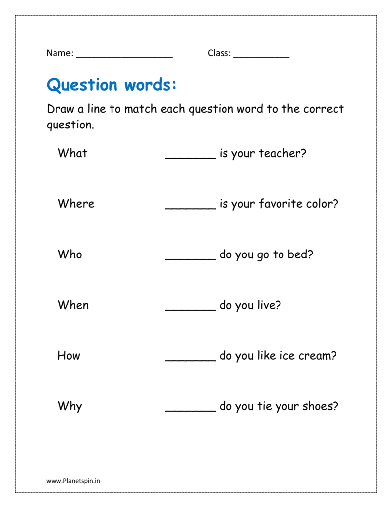 Draw a line to match question words to the correct question in the given class 1 question worksheet