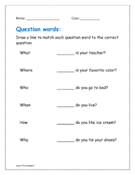 Draw a line to match each question word to the correct question (question words worksheet for class 1)