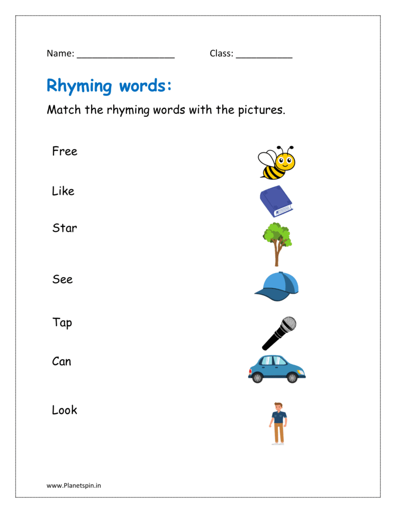 Match the rhyming words with the pictures in the given grade 1 worksheet