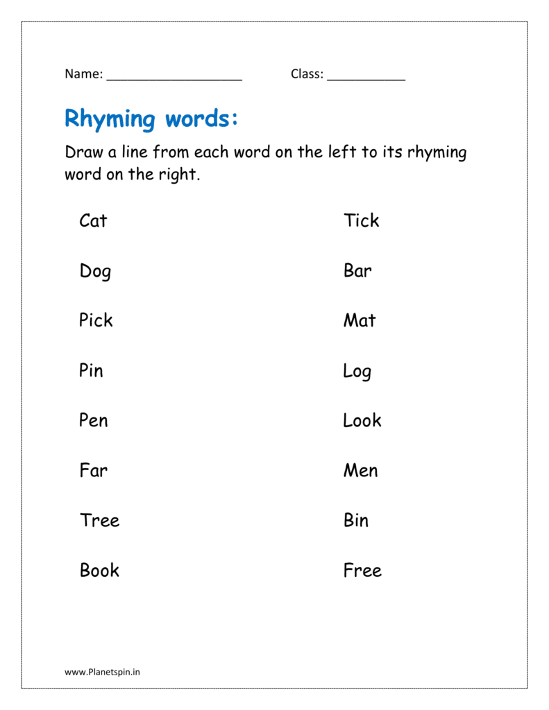 Draw a line from each word on the left to its rhyming word on the right in the given worksheet.