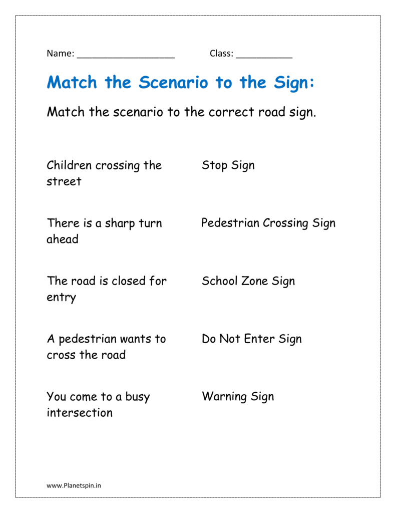 Match the scenario to the correct road signs worksheet