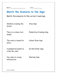 Match the scenario to the correct road signs worksheet