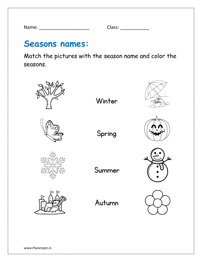 Match the pictures with the season name and color the seasons  in the given seasons activity sheets for kindergarten