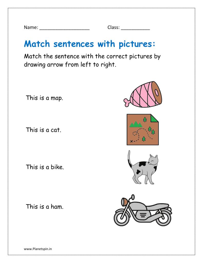 Match the sentence with the correct pictures by drawing arrow from left to right.