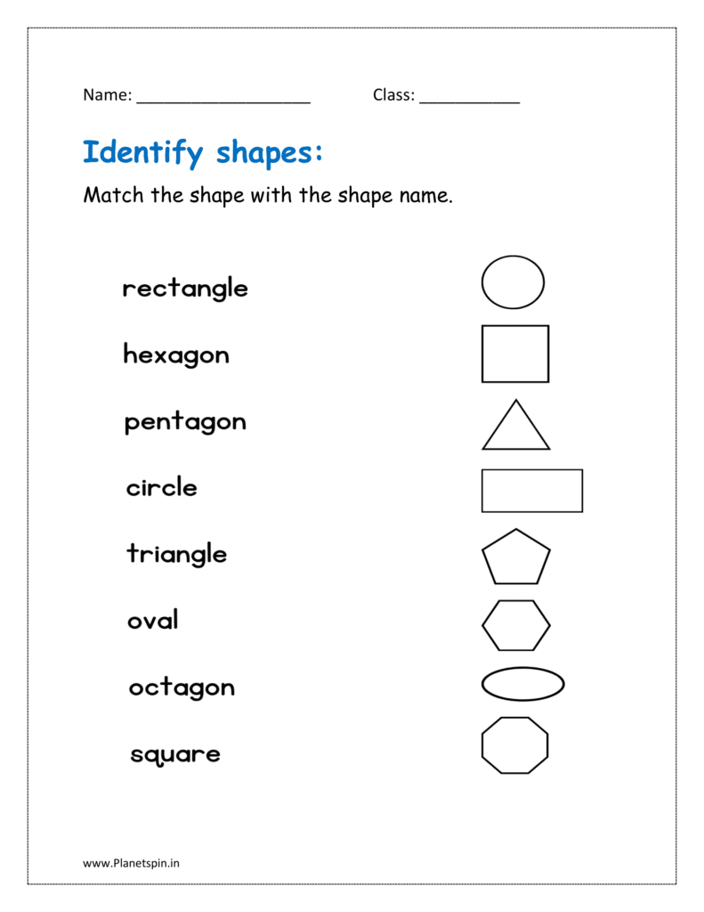 Match the shapes with the shapes name in the worksheet.