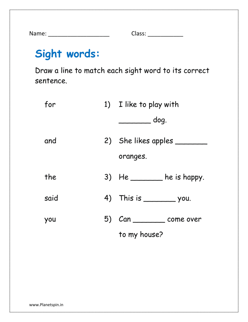 Draw a line to match each sight word to its correct sentence (sight words sentences for grade 1 pdf)