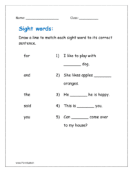 Draw a line to match each sight word to its correct sentence.