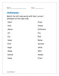 Match the words on the left side with the correct antonyms on the right side in the worksheet