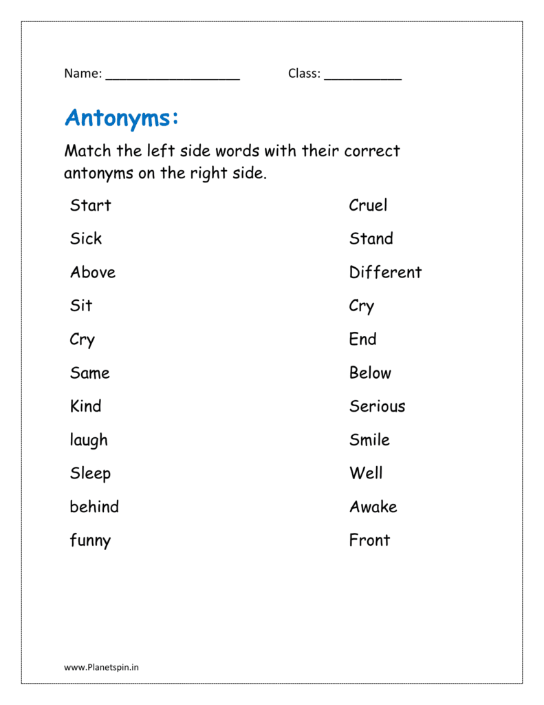 Match the words on the left side with the correct antonyms on the right side in the worksheet