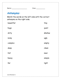 Match the words on the left side with the correct antonym on the right side in the given worksheet