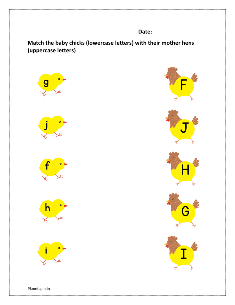 f to j: Match the baby chicks (lowercase letters) with their mother hens (uppercase letters)