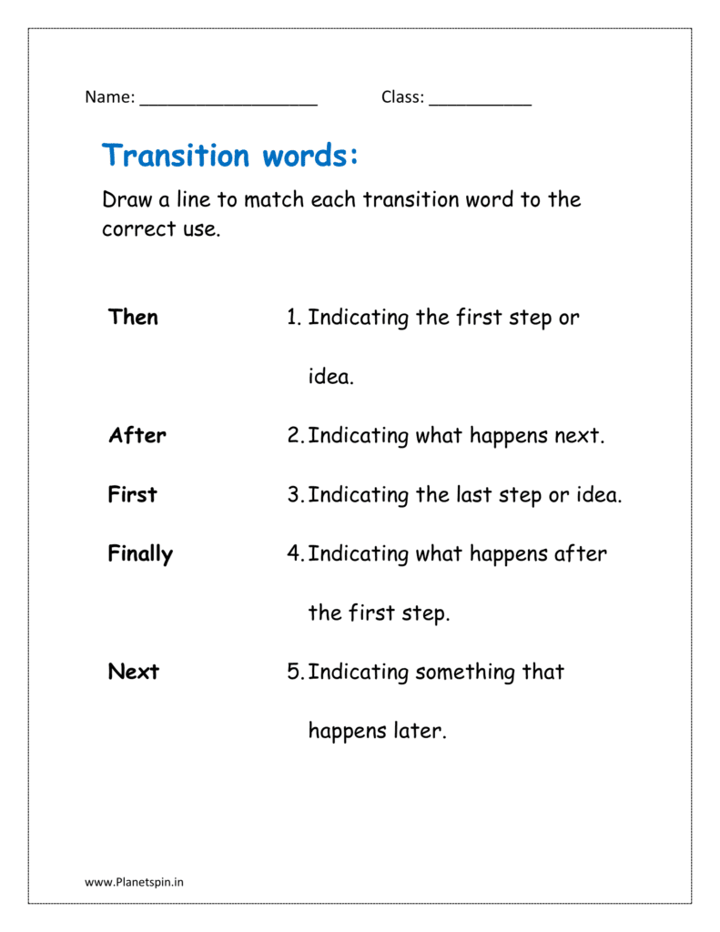 Draw a line to match each transition word to the correct use (transition words worksheet for grade 1)