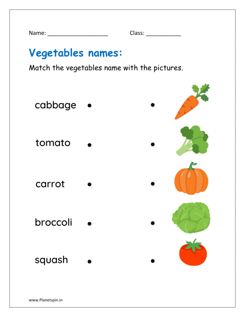 Match vegetables with their names in the fruits and vegetables kindergarten worksheet PDF