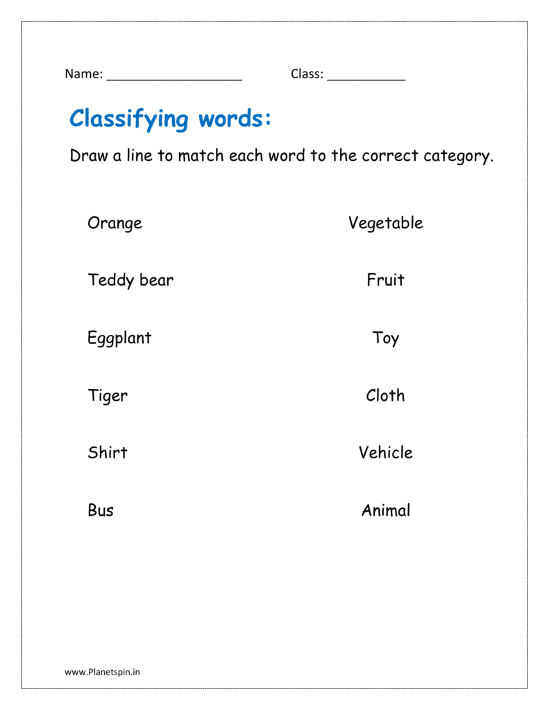 Draw a line to match each word to the correct category in the given classifying words worksheets for grade 1