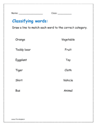 Draw a line to match each word to the correct category (classifying words worksheets for grade 1)