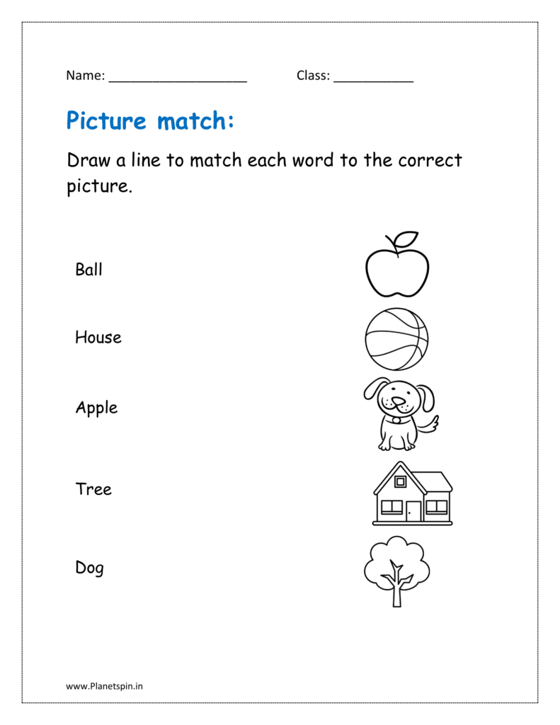 Draw a line to match each word to the correct picture in the given vocabulary worksheet for class 1