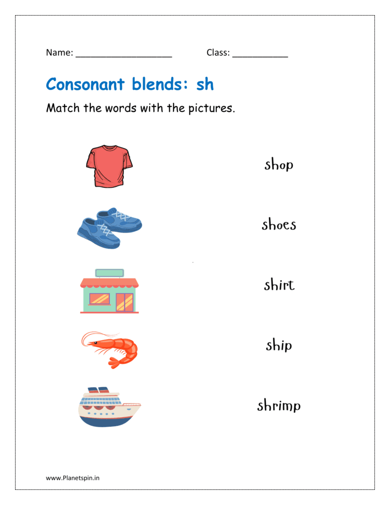 sh blends: Match the words with the pictures.