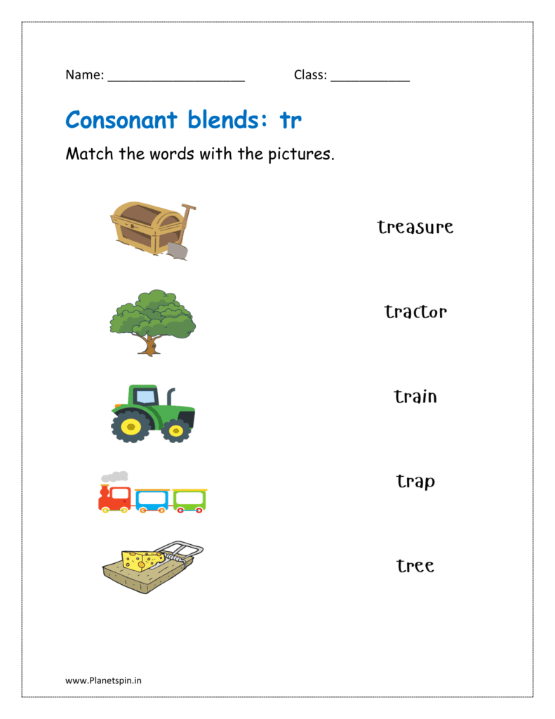 tr blends: Match the words with the pictures.