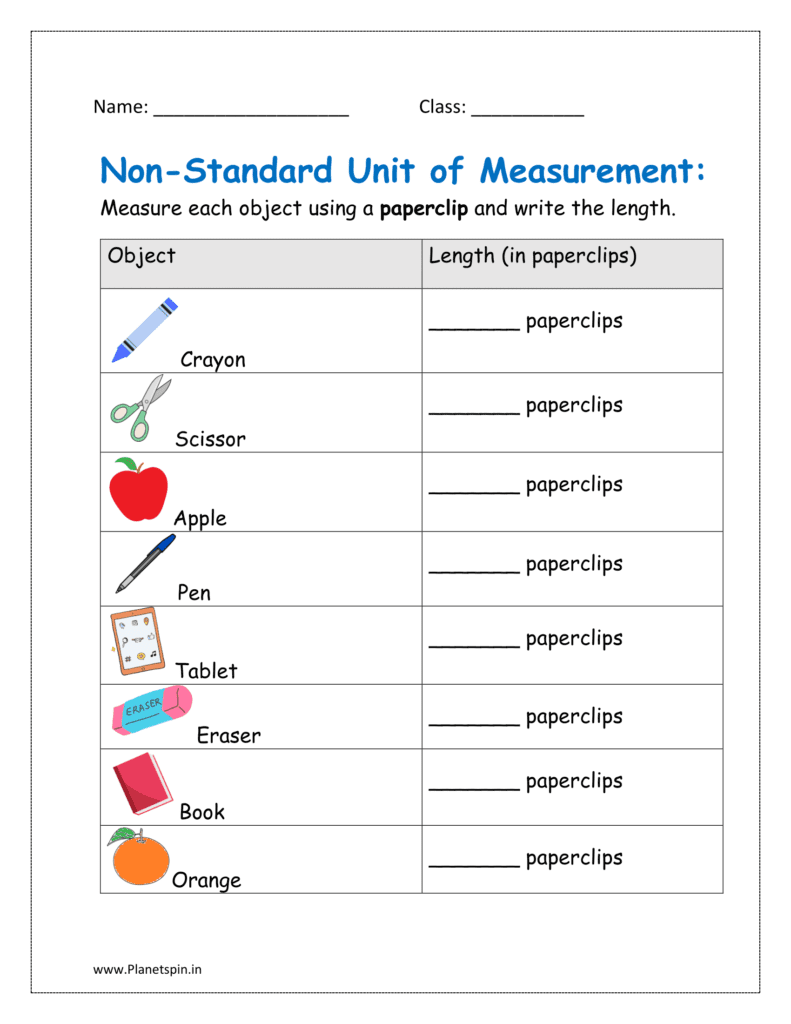 Measurement using non-standard unit of each object using a paperclip and write the length.