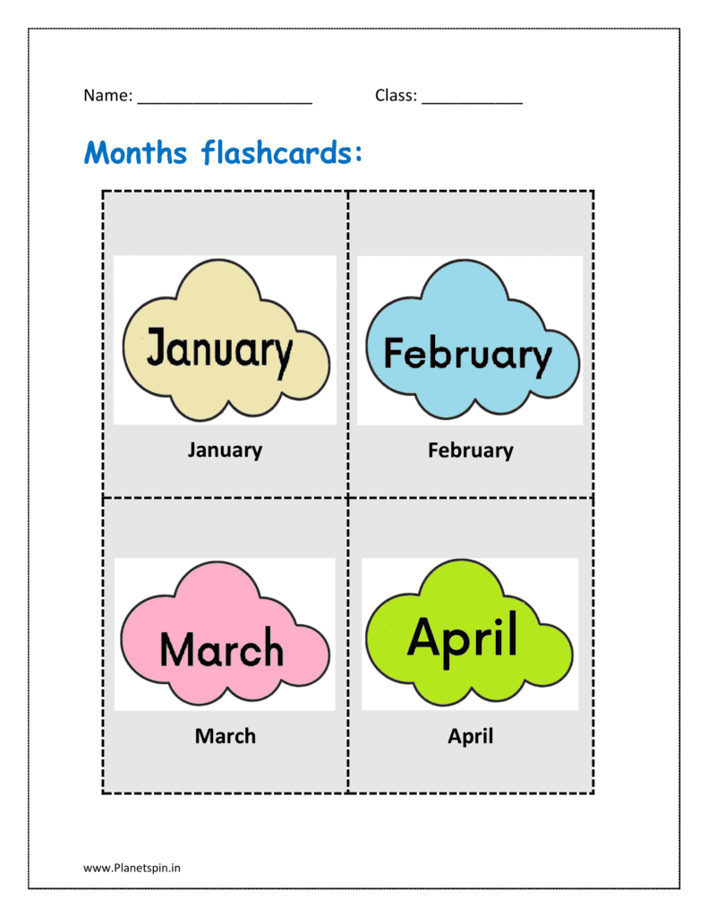 Months of the year flashcards free printable: January, February, March, April