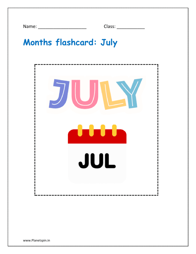 Months of the year flashcards free printable: July