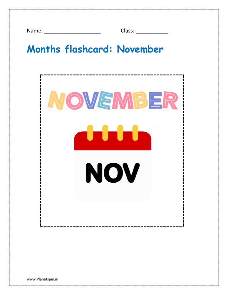 Months of the year flashcards free printable: November