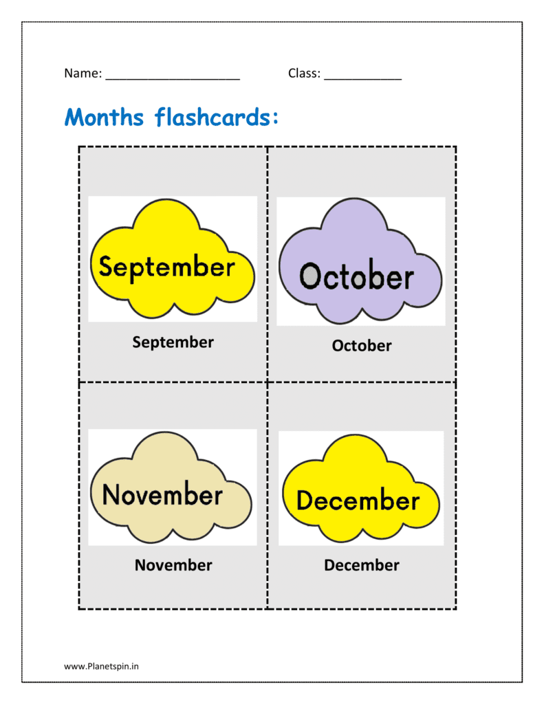 Months of the year flashcards free printable: September, October, November, December