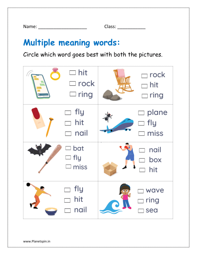 Circle which word goes best with both the pictures in the worksheet.