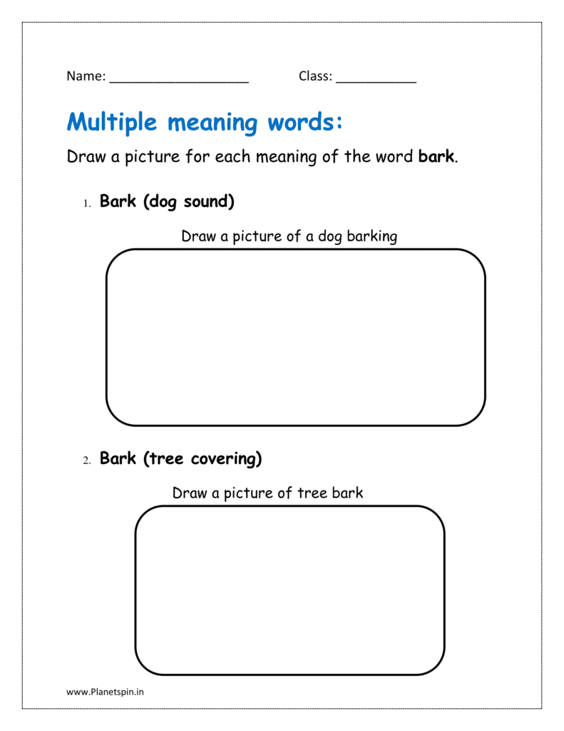 Draw a picture for each meaning of the word bark in the worksheet.