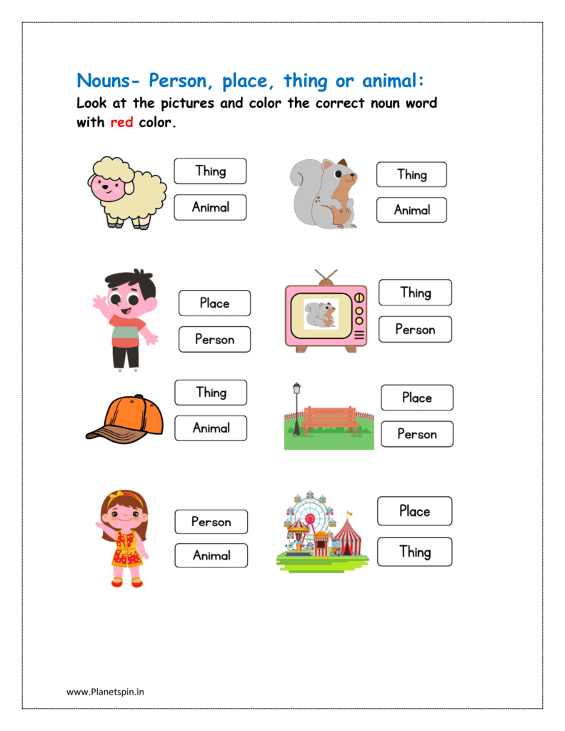 Look at the pictures and color the correct noun word with red color.