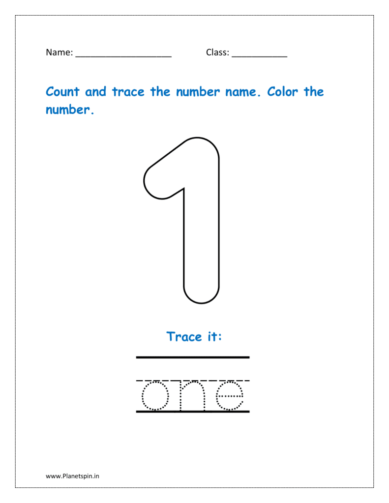 1: Count and trace the number name for one in the worksheet for kg