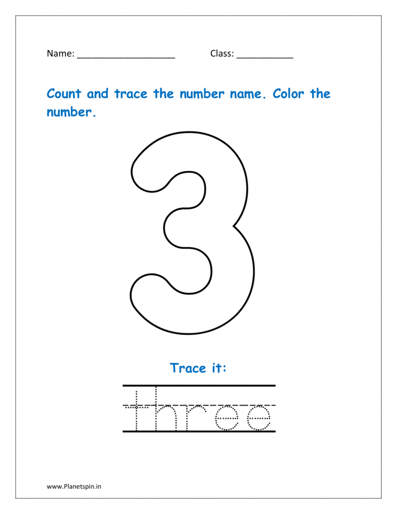 3: Count and trace the spelling for three  in the worksheet for kg