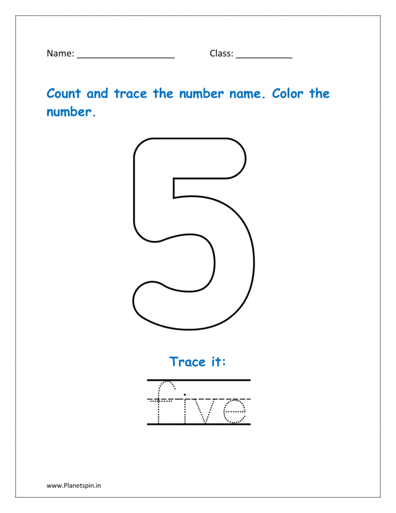 5: Count and trace the spelling for five  in the worksheet for kg