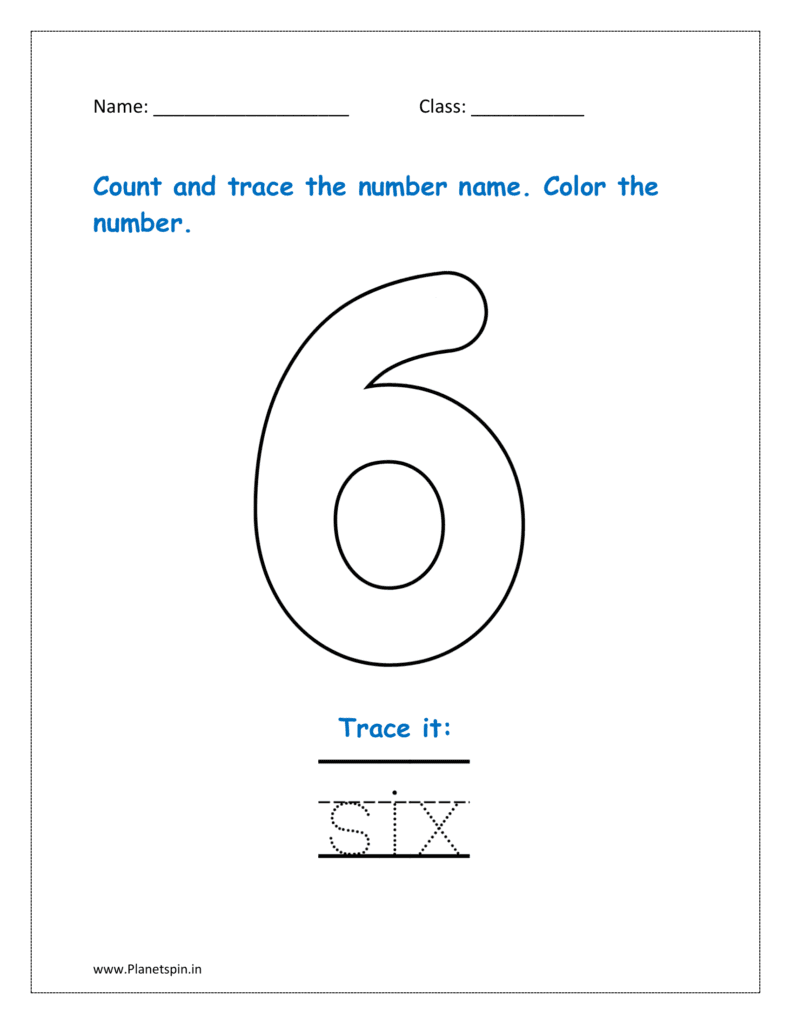 6: Count and trace the number name for six  in the worksheet for kg