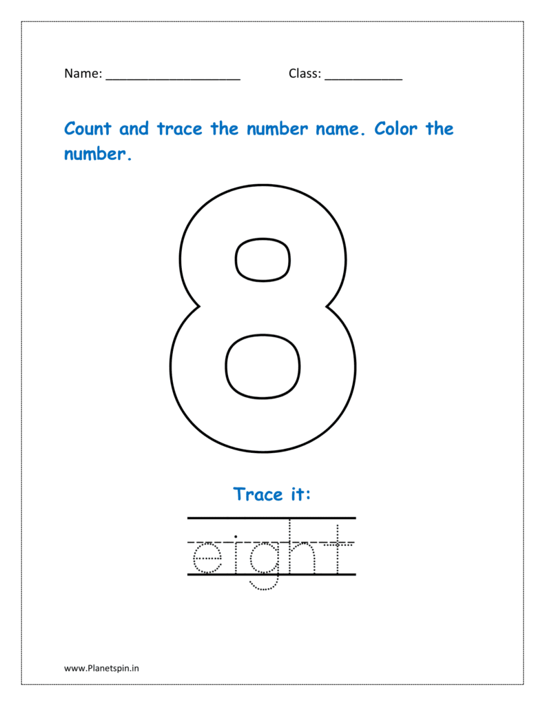 8: Count and trace the number name for eight in the worksheet for kg