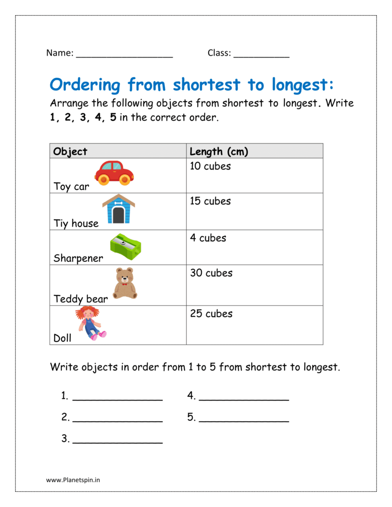 Arrange the following objects from shortest to longest. Write 1, 2, 3, 4, 5 in the correct order.