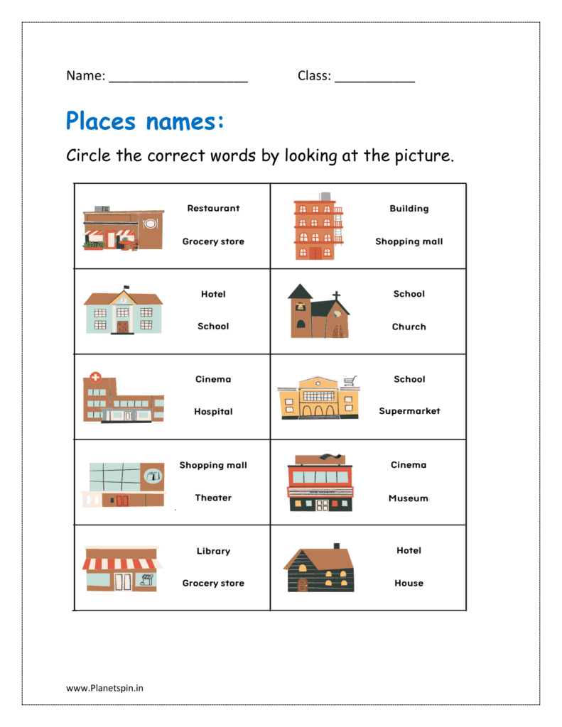 places worksheet for kindergarten