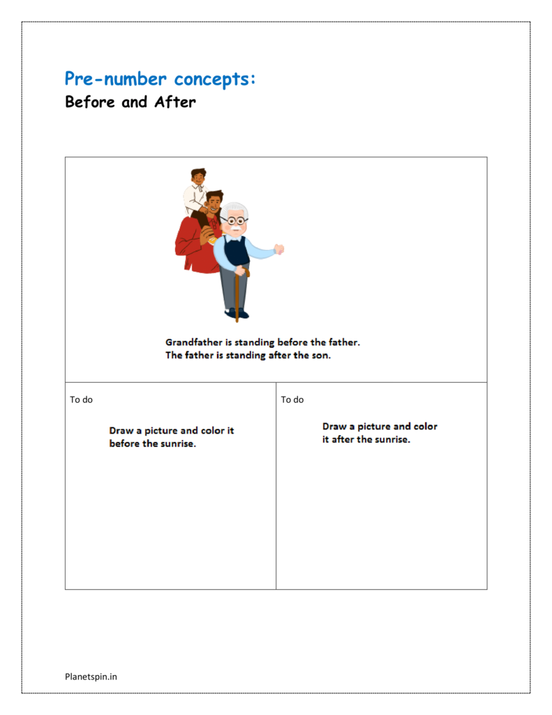 Before and After pre-concept and download the pre number concepts worksheet for class 1