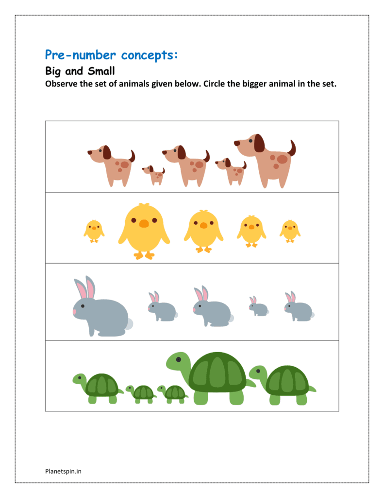 Big and small: Circle the bigger animal in the set of animals and download the pre number concepts worksheet for class 1