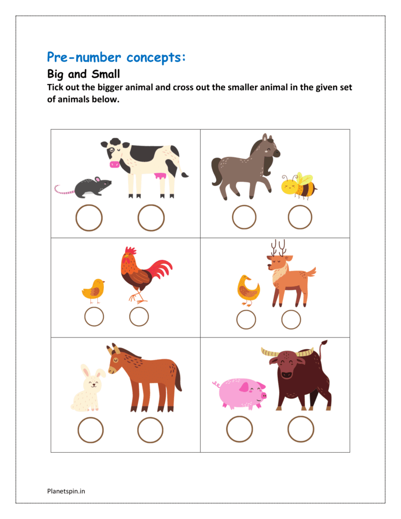 Big and small: Tick out the bigger and cross out the smaller animal