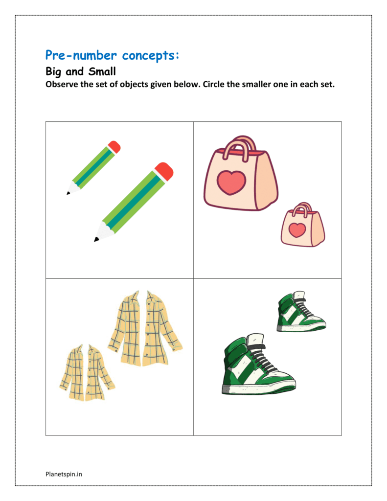 Big and small: Circle the smaller one in each set of objects and download the pre number concepts worksheet for class 1