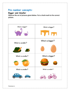 Worksheet on pre number concept for grade 1 | Planetspin.in