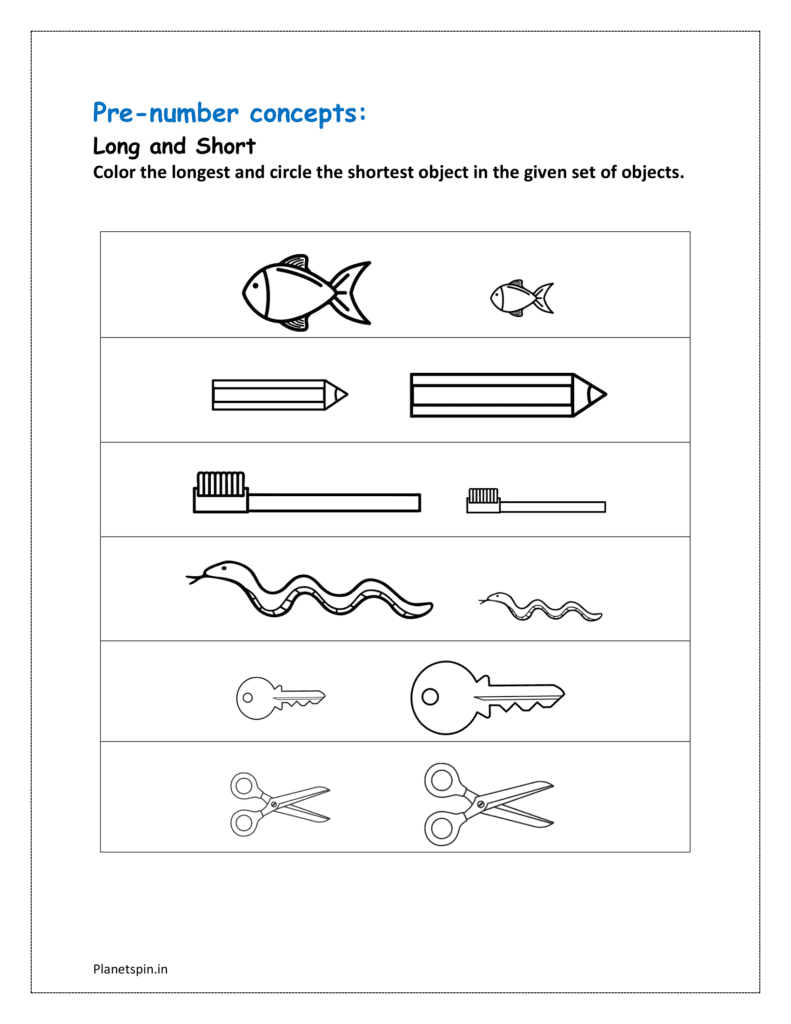 Long and short: Color the longest and circle the shortest object and download the pre number concepts worksheet for class 1