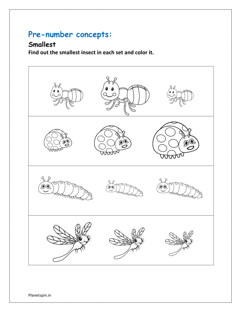 Worksheet on pre number concept for grade 1 | Planetspin.in