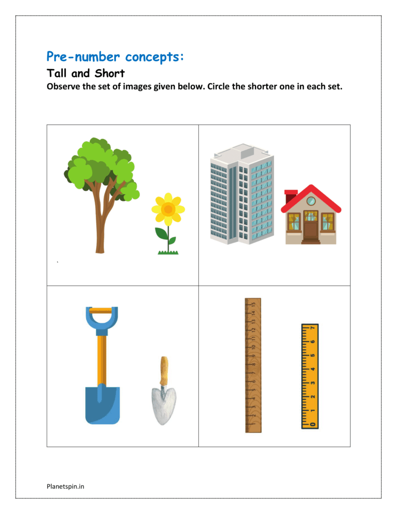 Observe the set of images given below. Circle the shorter one in each set and download the pre number concepts worksheet for class 1