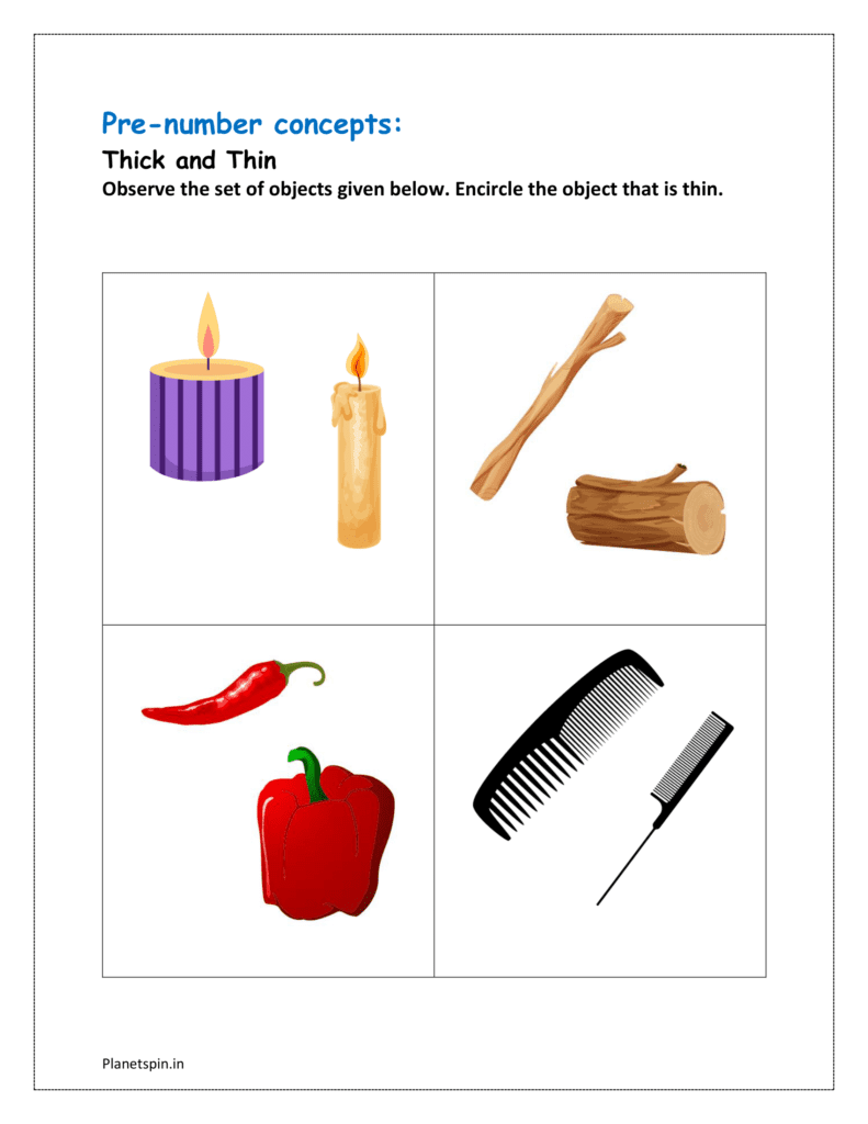 Thick and thin: Encircle the object that is thin and download the pre number concepts worksheet for class 1