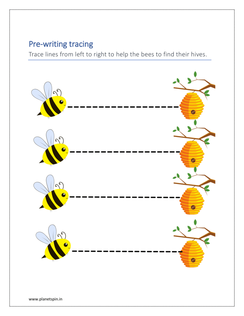 Trace lines from left to right to help the bees to find their hives